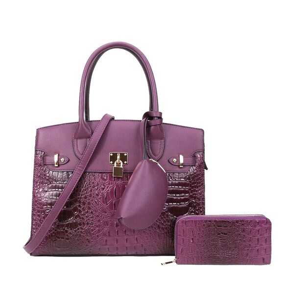 Handbags - Women's Purple Soft Crocodile Print 3 Pieces Accent Satchel Handbag Set